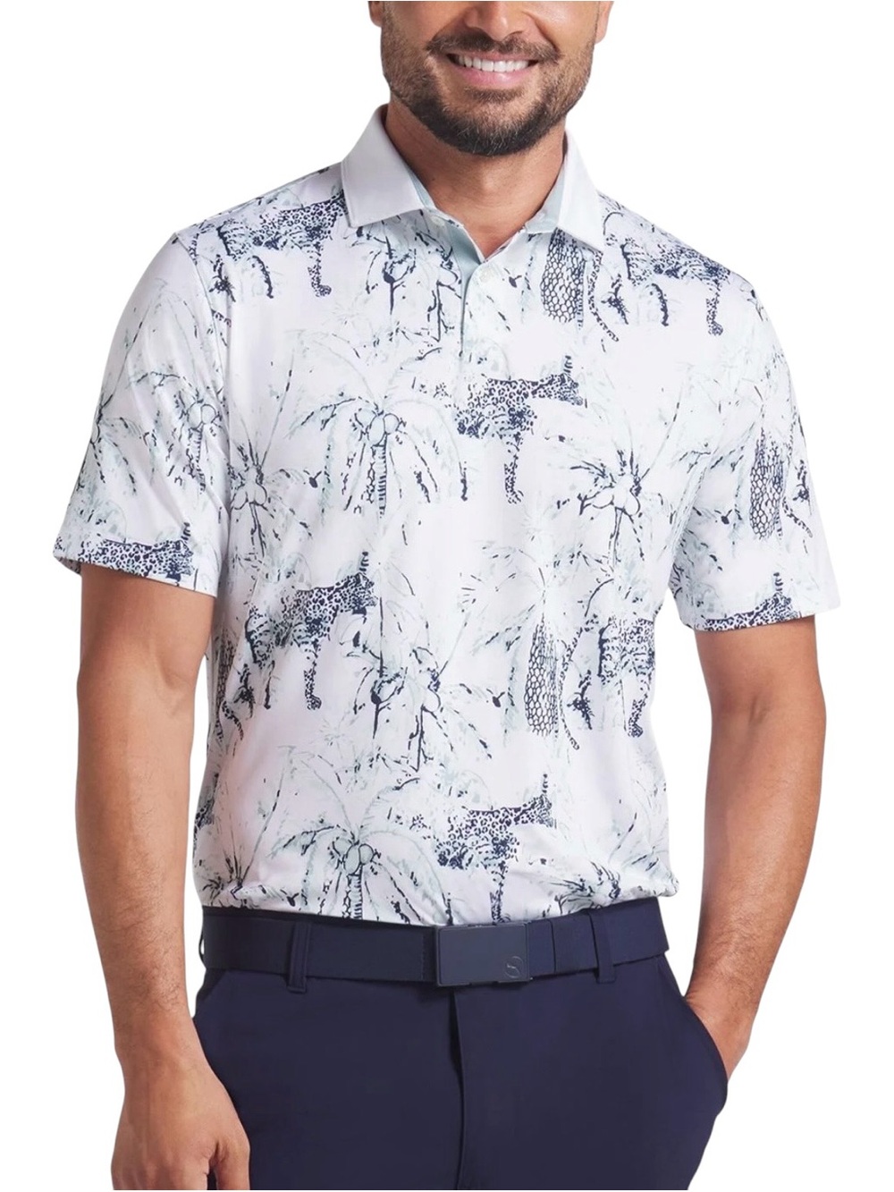 Puma Mattr Safari Golf Shirt Men’s Small White Green Short-Sleeve Tropical Print
